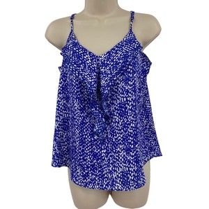 Ann Taylor Cami Tank Top Small Women's Blue White Shell Satin Ruffle Career Work